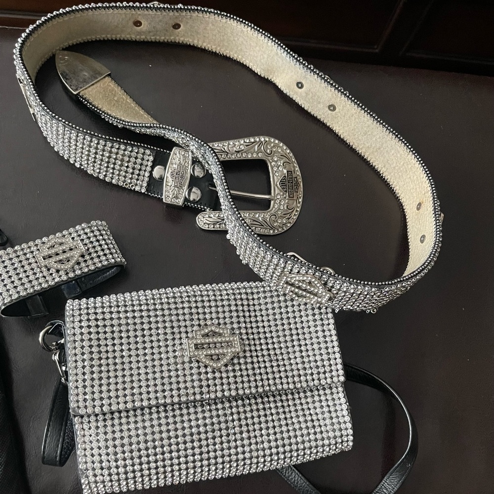 Harley Davidson Rhinestone Handbag, matching belt and bracelet